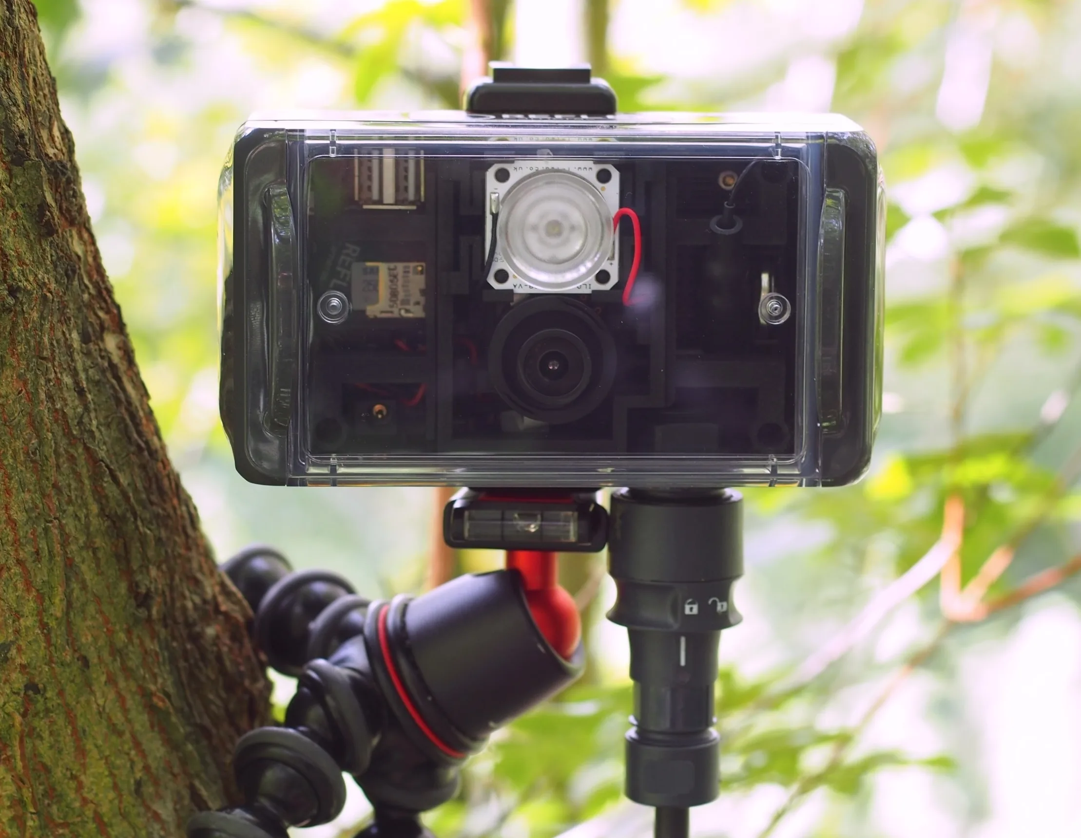 Pre-production Reflex infrared camera housing shown in a tree